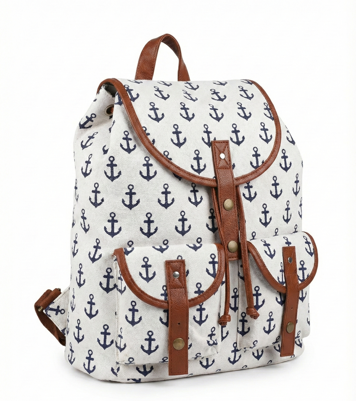 Beautiful White Canvas Backpack With Blue Anchor Pattern And Brown Faux Leather Accents Lightly Used Excellent