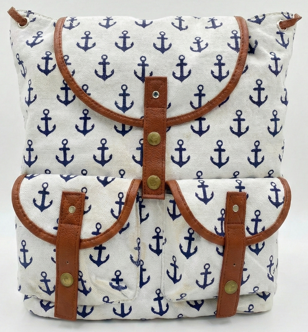 Beautiful White Canvas Backpack With Blue Anchor Pattern And Brown Faux Leather Accents Lightly Used Excellent