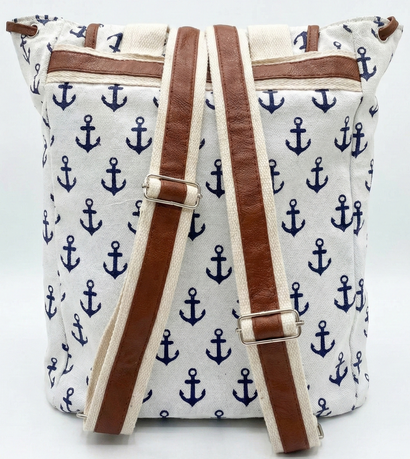 Beautiful White Canvas Backpack With Blue Anchor Pattern And Brown Faux Leather Accents Lightly Used Excellent
