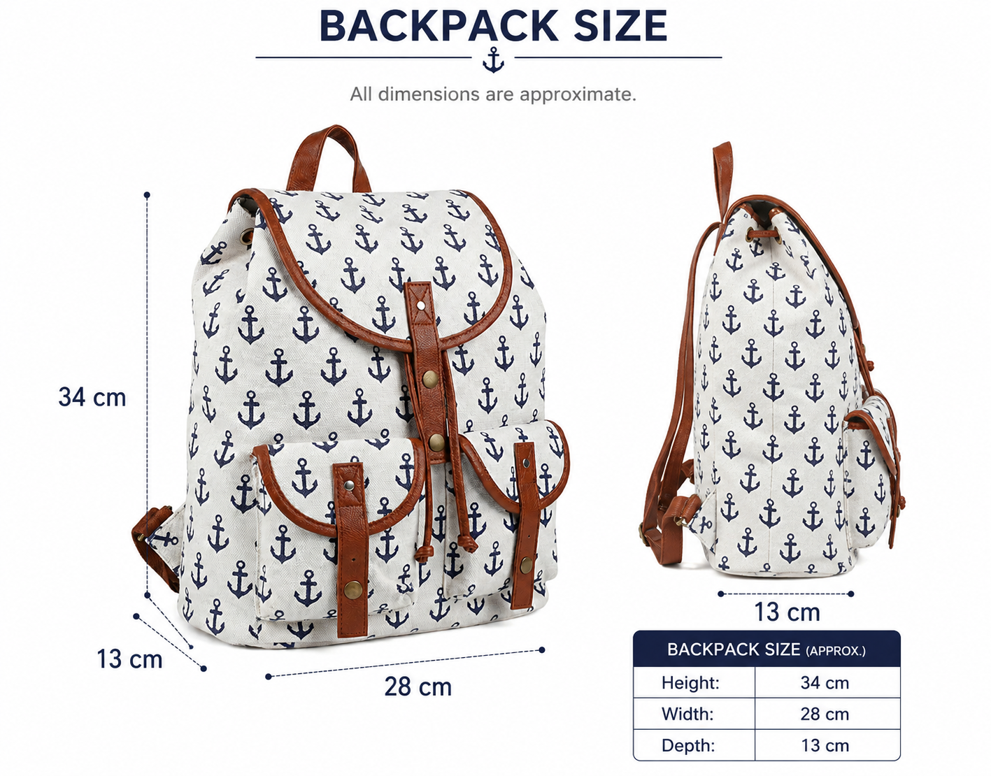 Beautiful White Canvas Backpack With Blue Anchor Pattern And Brown Faux Leather Accents Lightly Used Excellent