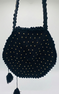 Black Crochet Draw String Bag with Golden Beaded Embellishments.